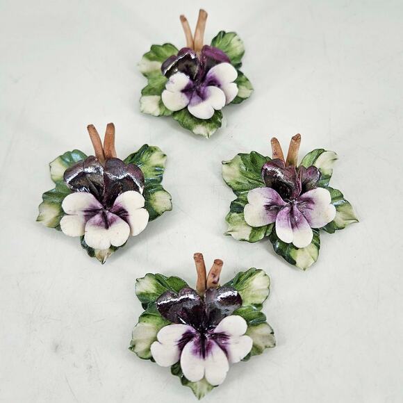 Set of 4 Italian Capodimonte Porcelain pansy pansies Placecard Holders - Picture 2 of 4